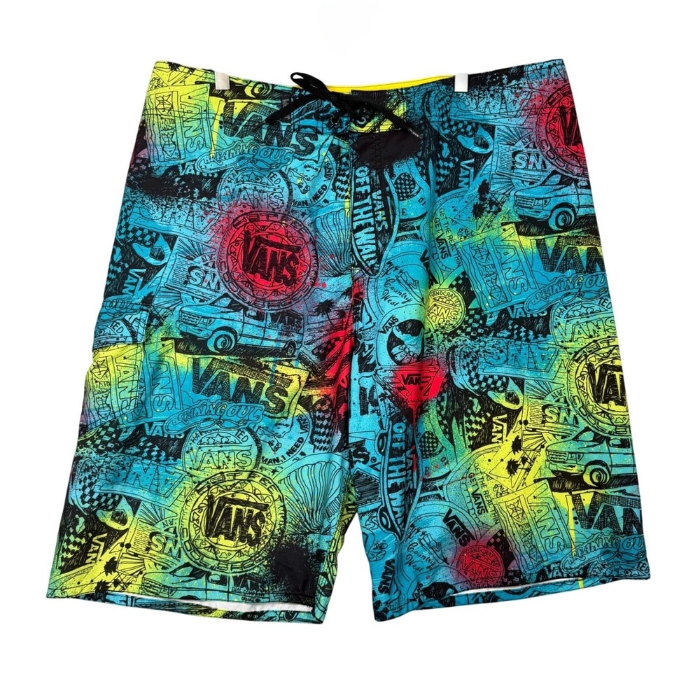 Vans Board Shorts Mens 40 Blue Black Graffiti Print Swim Trunks Skate